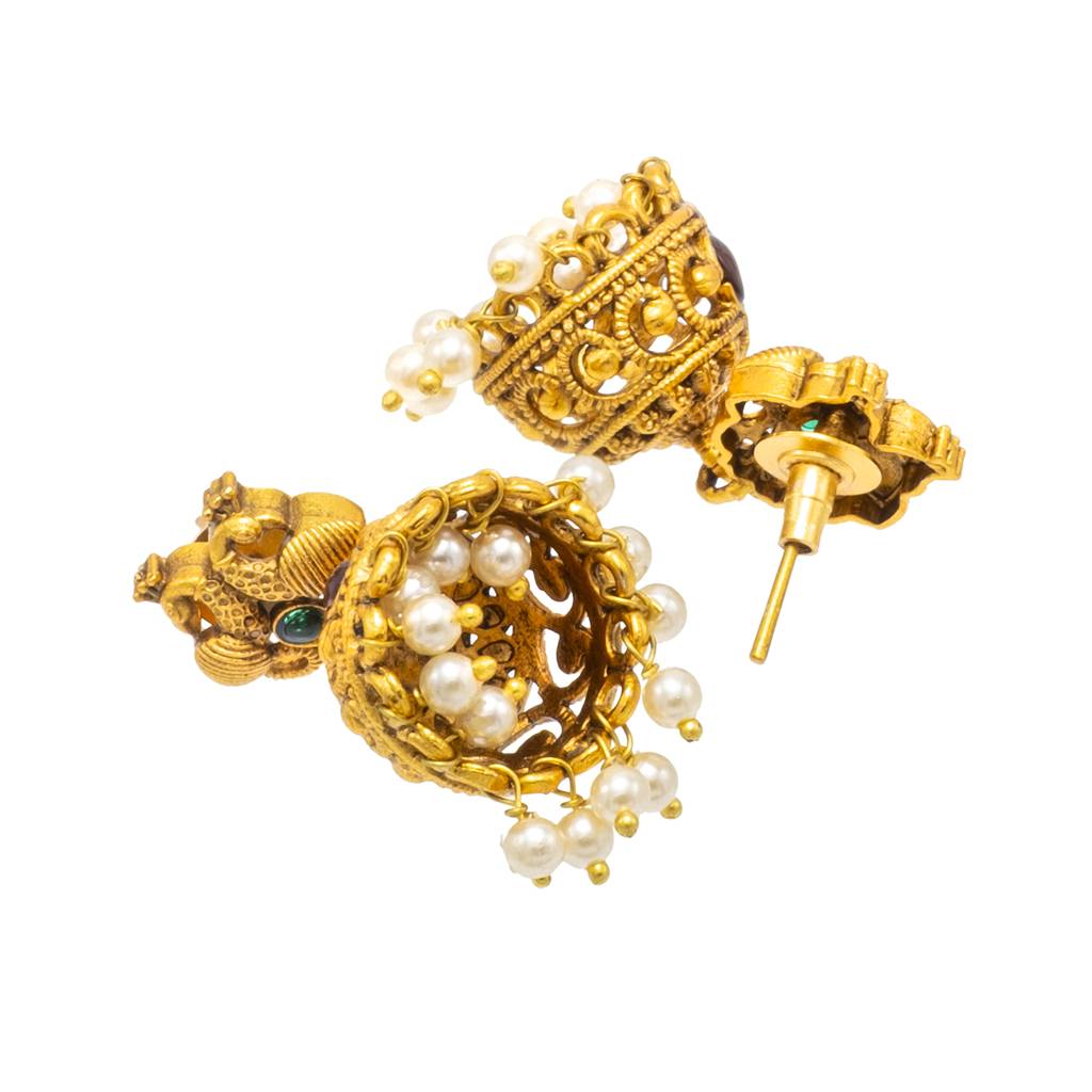 Traditional Indian Temple Jewellery Inspired Matte Gold-Plated Jhumka Small Size Earrings With Kundan & Pearl For : SJE_321_D2