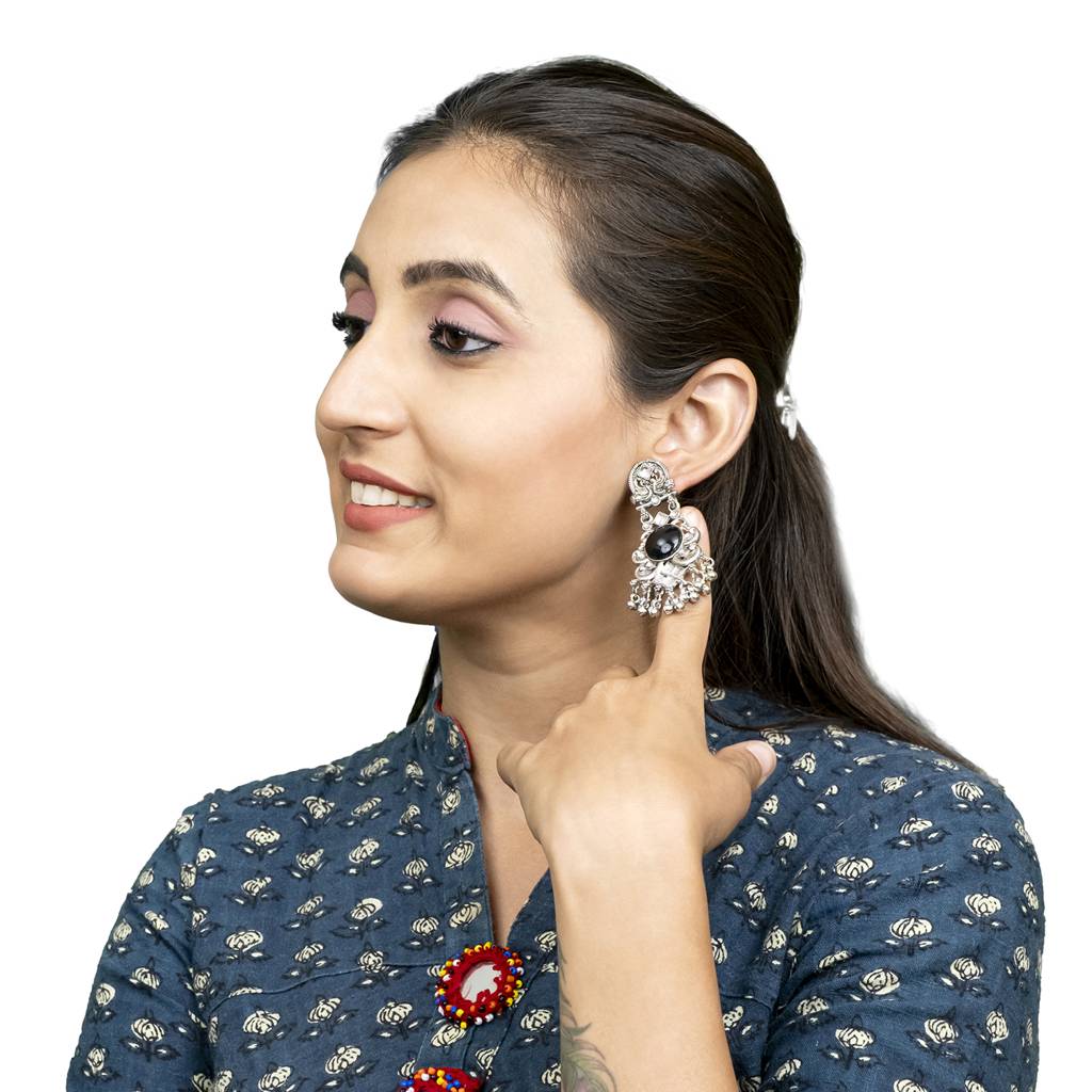 Oxidised Cz, Crystal, Pearl, Antique Silver Plated Medium Drop Partywear Earrings For Women -Sje_322 : SJE_322_BK