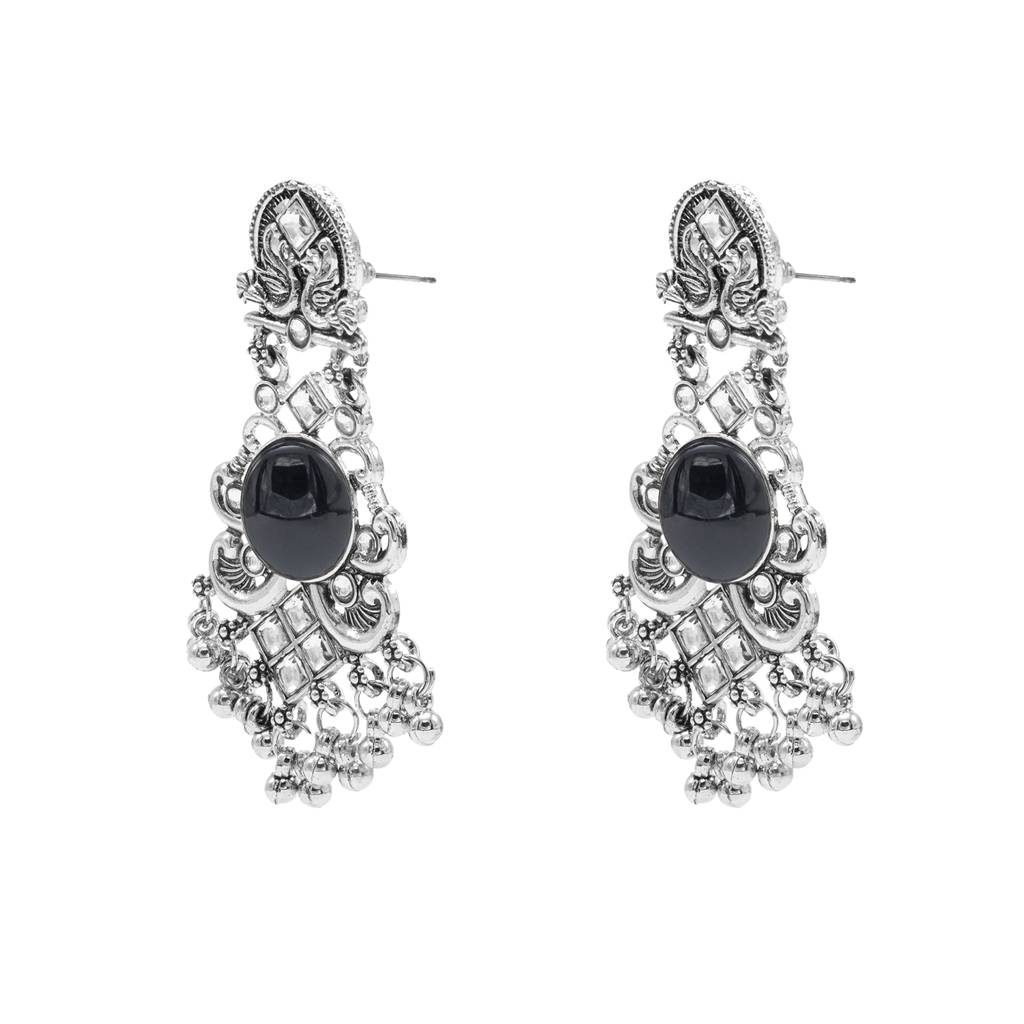Oxidised Cz, Crystal, Pearl, Antique Silver Plated Medium Drop Partywear Earrings For Women -Sje_322 : SJE_322_BK