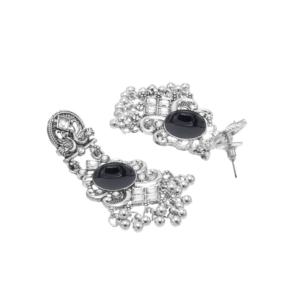 Oxidised Cz, Crystal, Pearl, Antique Silver Plated Medium Drop Partywear Earrings For Women -Sje_322 : SJE_322_BK