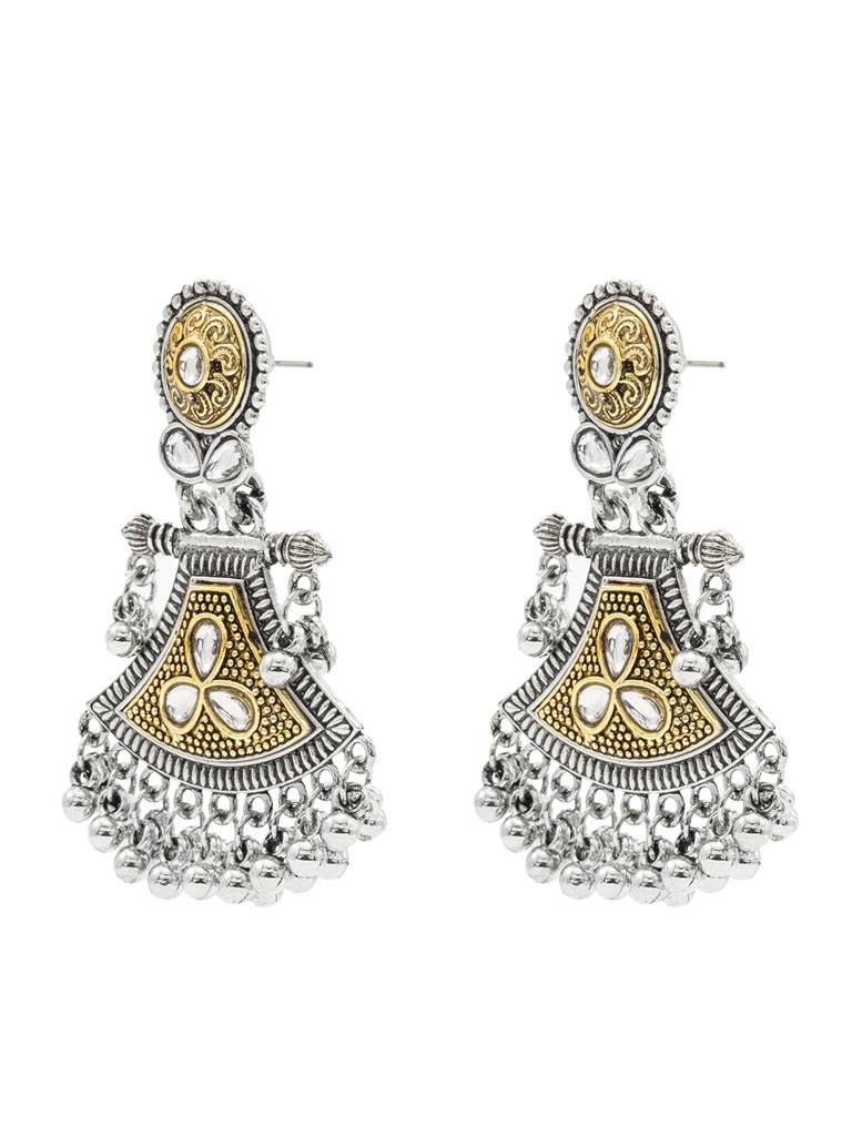 Traditional Indian Two-Tone Plated Handcrafted Design Pearl & Kundan, Stone Medium Sized Earrings For Women-Sje_327 : SJE_327