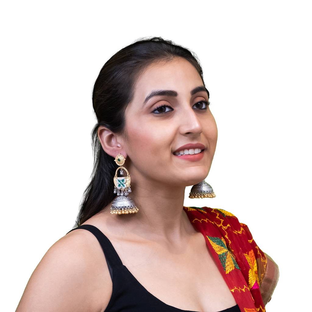 Traditional Indian Matte Dual Two Tone Plated Cz, Pearl Studded Over-Sized Jhumka Earring For Women-Sje_328 : SJE_328_G