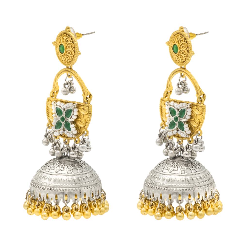 Traditional Indian Matte Dual Two Tone Plated Cz, Pearl Studded Over-Sized Jhumka Earring For Women-Sje_328 : SJE_328_G