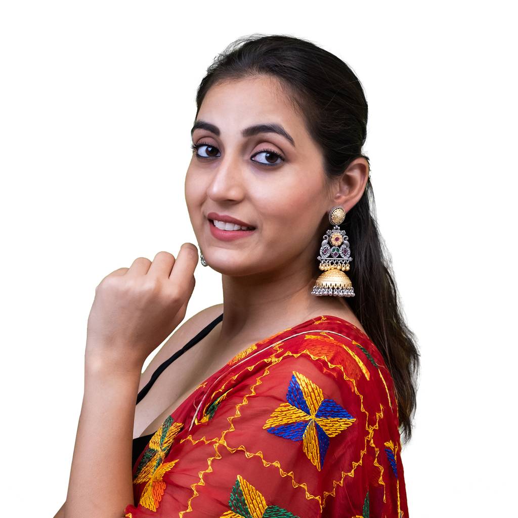 Traditional Indian Matte Dual Two Tone Plated Cz, Pearl Studded Over-Sized Jhumka Earring For Women-Sje_331 : SJE_331_RG