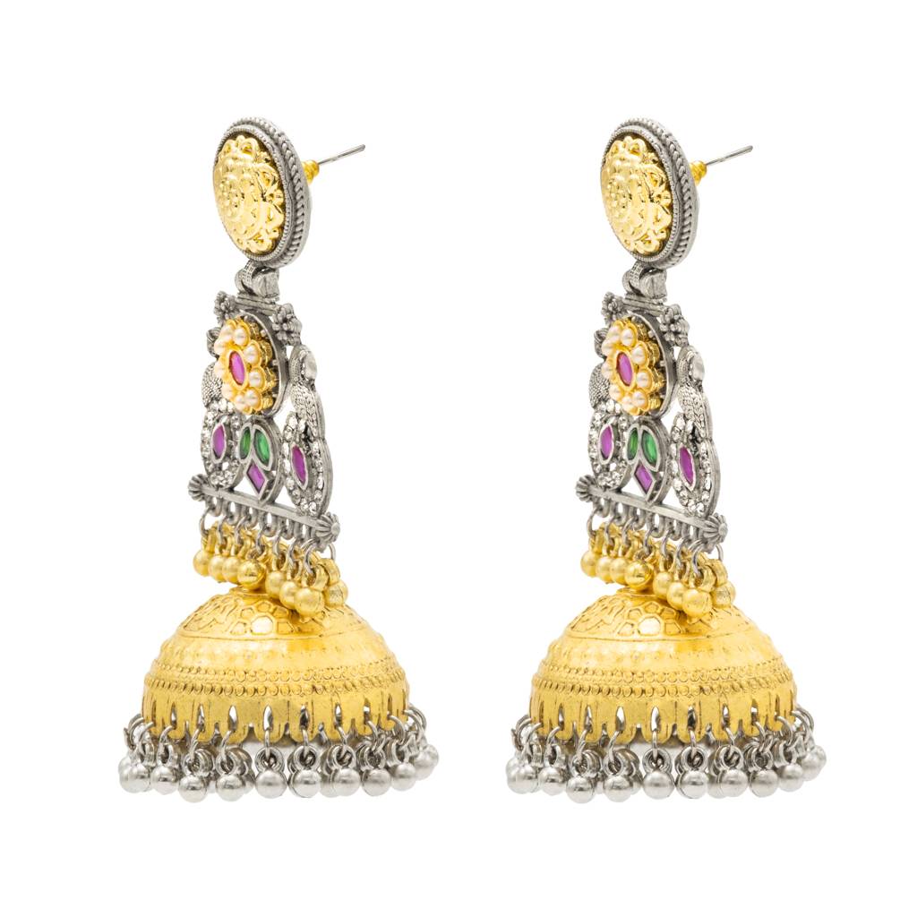 Traditional Indian Matte Dual Two Tone Plated Cz, Pearl Studded Over-Sized Jhumka Earring For Women-Sje_331 : SJE_331_RG