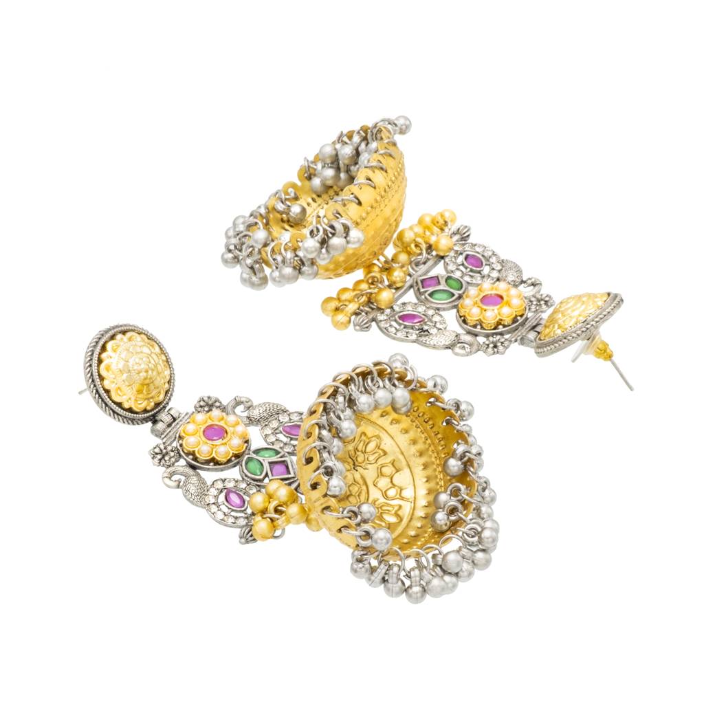 Traditional Indian Matte Dual Two Tone Plated Cz, Pearl Studded Over-Sized Jhumka Earring For Women-Sje_331 : SJE_331_RG