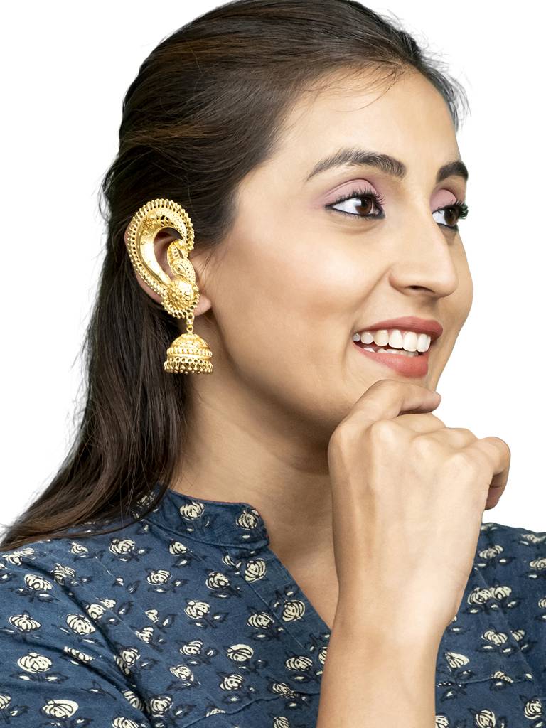 Traditional Matte Haram Gold-Plated Big Sized Jhumka Earrings With Kundan & Pearl For (Brides) Women : SJE_333_D2