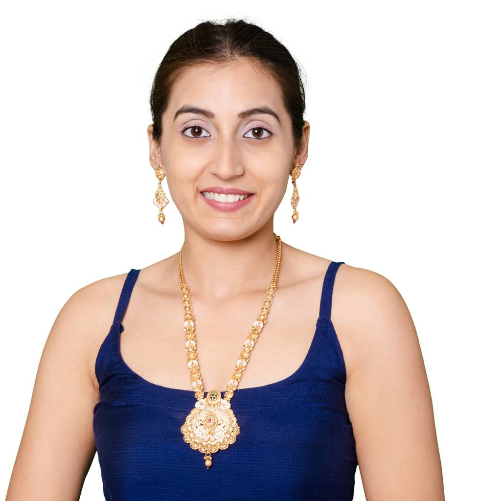 Handcrafted Gold Plated Kundan,Cz, Studded One Gram Gold Haram Necklace With Matching Earrings Long Bridal Jewellery : SJN_276