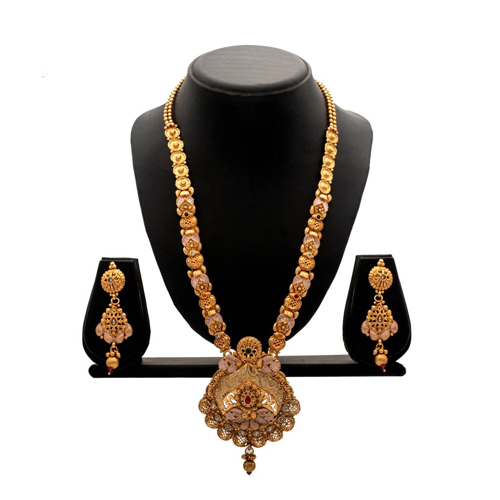 Handcrafted Gold Plated Kundan,Cz, Studded One Gram Gold Haram Necklace With Matching Earrings Long Bridal Jewellery : SJN_276