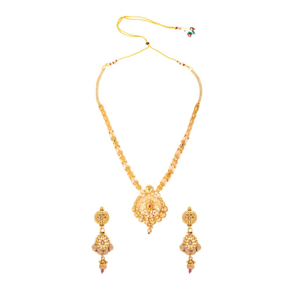 Handcrafted Gold Plated Kundan,Cz, Studded One Gram Gold Haram Necklace With Matching Earrings Long Bridal Jewellery : SJN_276