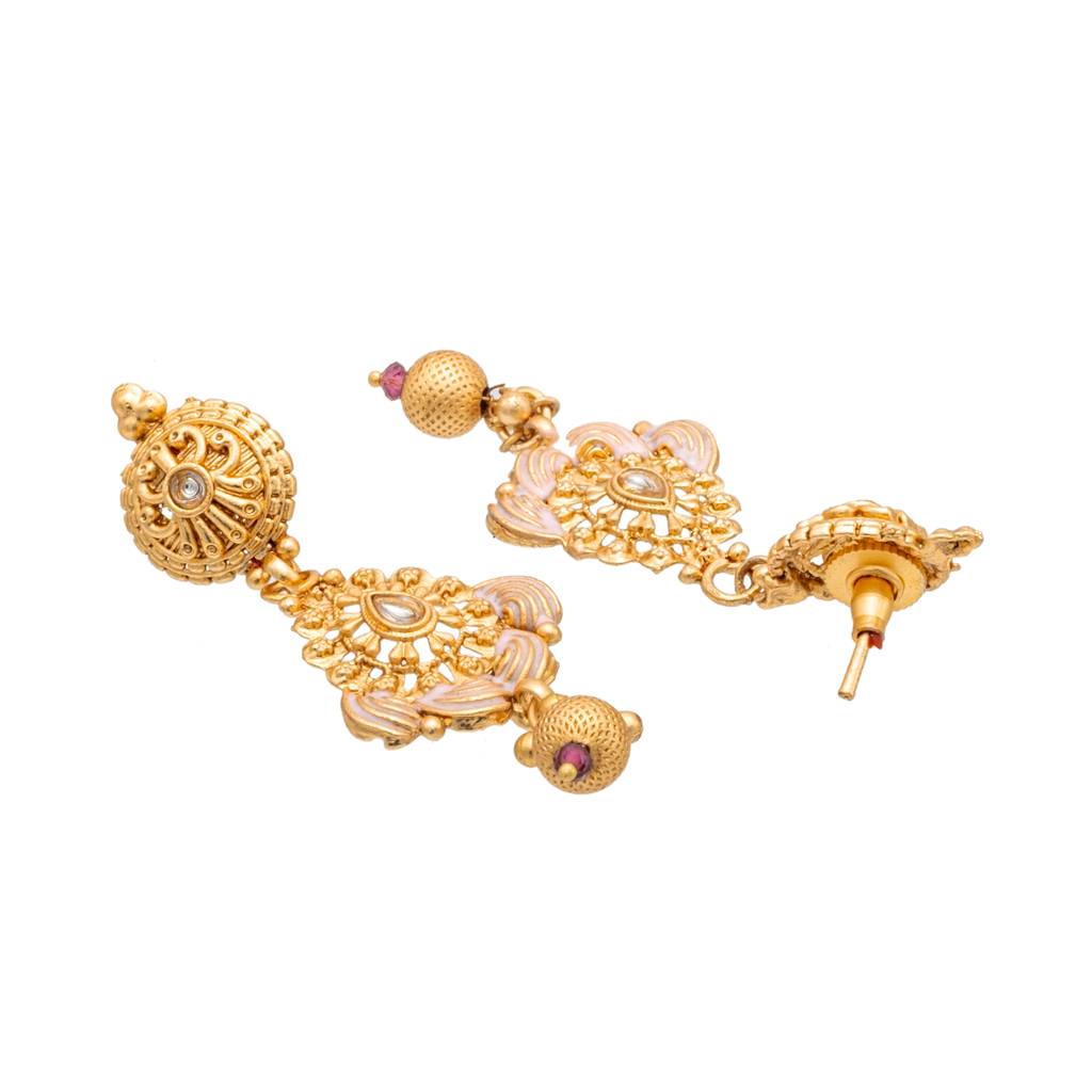 Handcrafted Gold Plated Kundan,Cz, Studded One Gram Gold Haram Necklace With Matching Earrings Long Bridal Jewellery : SJN_276