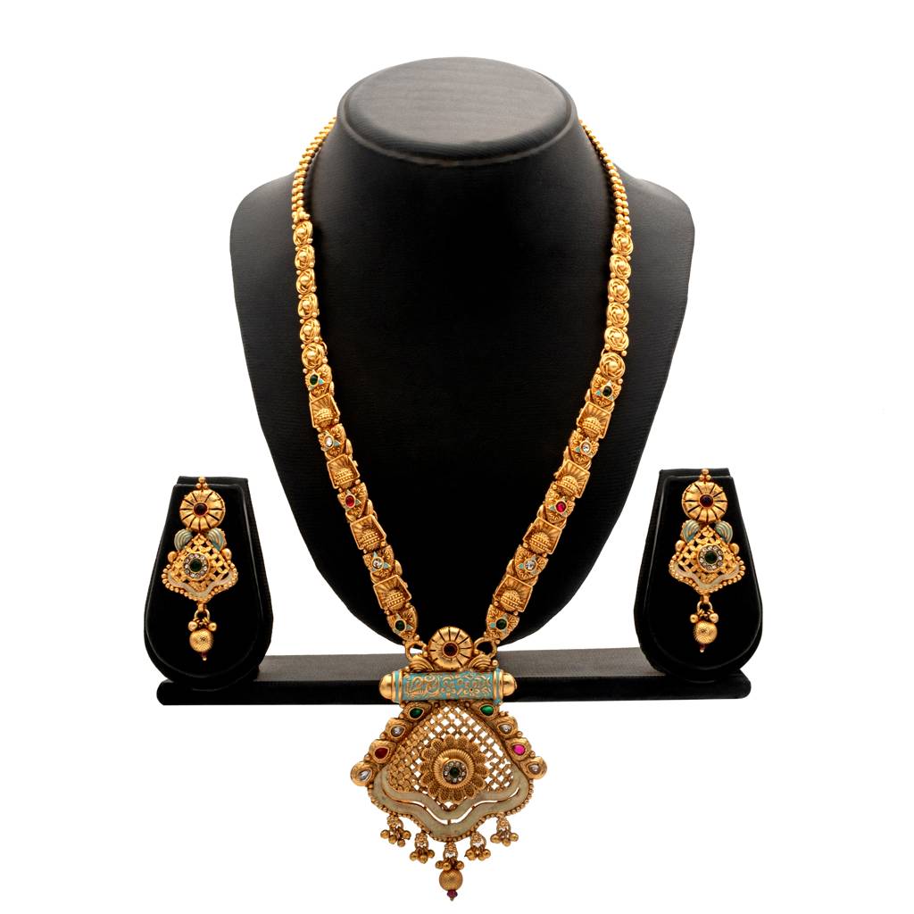 Handcrafted Gold Plated Kundan,Cz, Studded One Gram Gold Haram Necklace With Matching Earrings Long Bridal Jewel : SJN_277_L_P