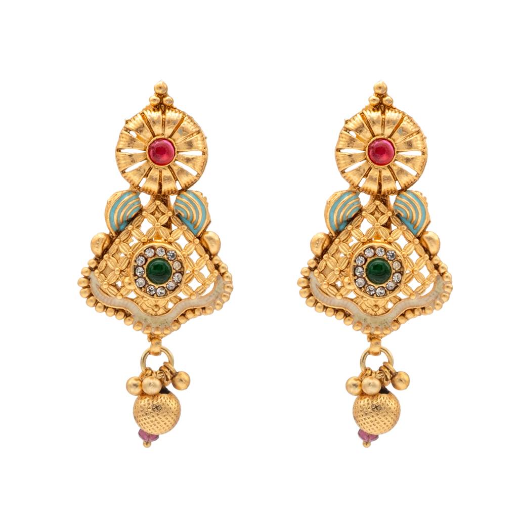 Handcrafted Gold Plated Kundan,Cz, Studded One Gram Gold Haram Necklace With Matching Earrings Long Bridal Jewel : SJN_277_L_P