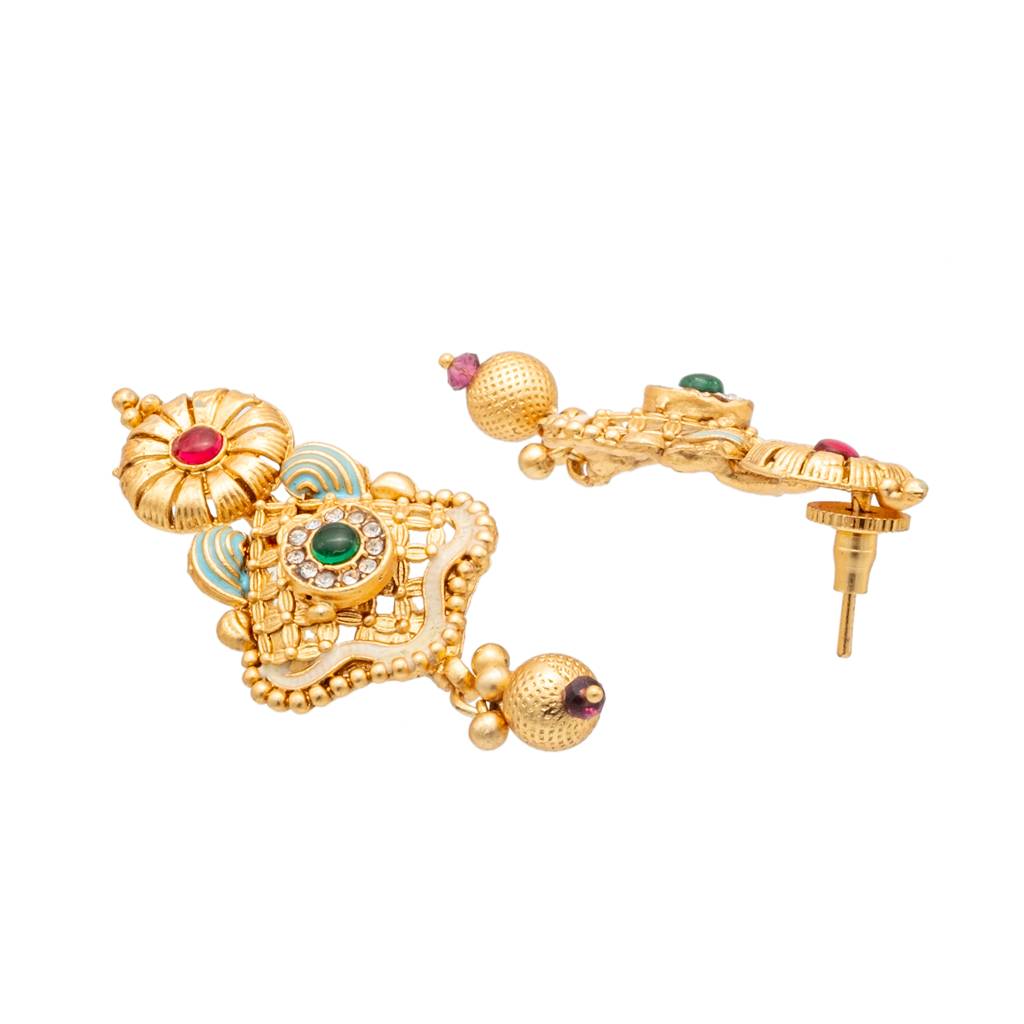 Handcrafted Gold Plated Kundan,Cz, Studded One Gram Gold Haram Necklace With Matching Earrings Long Bridal Jewel : SJN_277_L_P