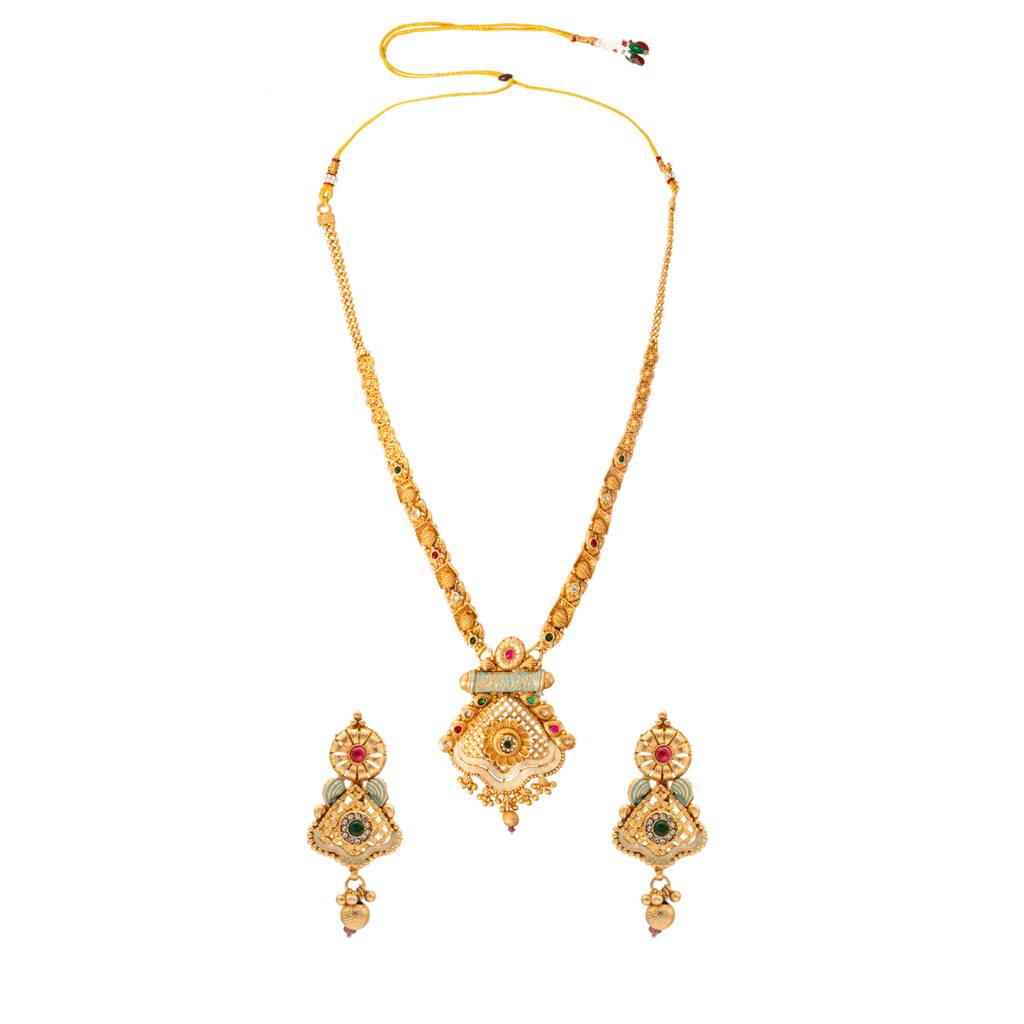 Handcrafted Gold Plated Kundan,Cz, Studded One Gram Gold Haram Necklace With Matching Earrings Long Bridal Jewel : SJN_277_L_P
