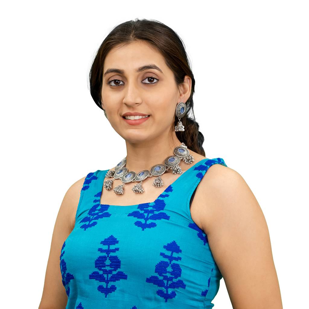 Silver Plated Oxidised Stone Studed & Beaded Jhumki Design Tribal Necklace With Adjustable Dori Maching Earrin : SJN_288_D1_BL