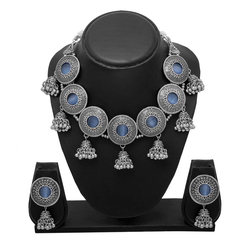 Silver Plated Oxidised Stone Studed & Beaded Jhumki Design Tribal Necklace With Adjustable Dori Maching Earrin : SJN_288_D1_BL
