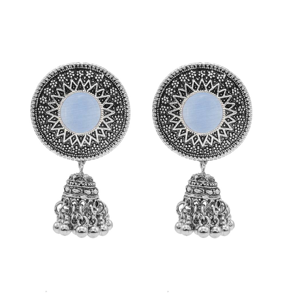 Silver Plated Oxidised Stone Studed & Beaded Jhumki Design Tribal Necklace With Adjustable Dori Maching Earrin : SJN_288_D1_BL