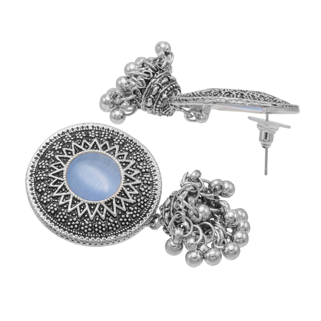 Silver Plated Oxidised Stone Studed & Beaded Jhumki Design Tribal Necklace With Adjustable Dori Maching Earrin : SJN_288_D1_BL