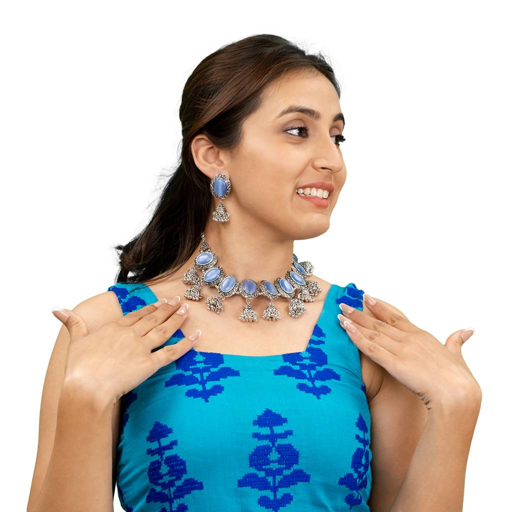 Silver Plated Oxidised Stone Studed & Beaded Jhumki Design Tribal Necklace With Adjustable Dori Maching Earrin : SJN_288_D3_BL