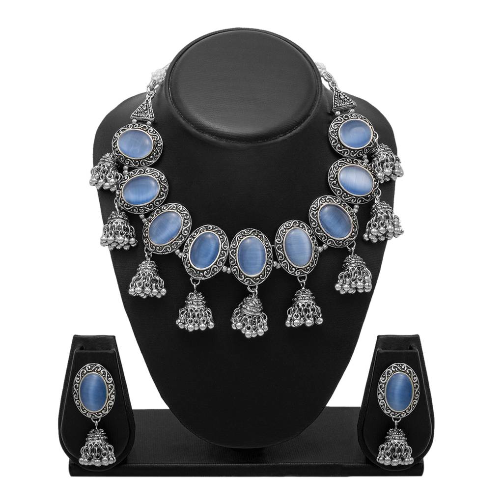 Silver Plated Oxidised Stone Studed & Beaded Jhumki Design Tribal Necklace With Adjustable Dori Maching Earrin : SJN_288_D3_BL