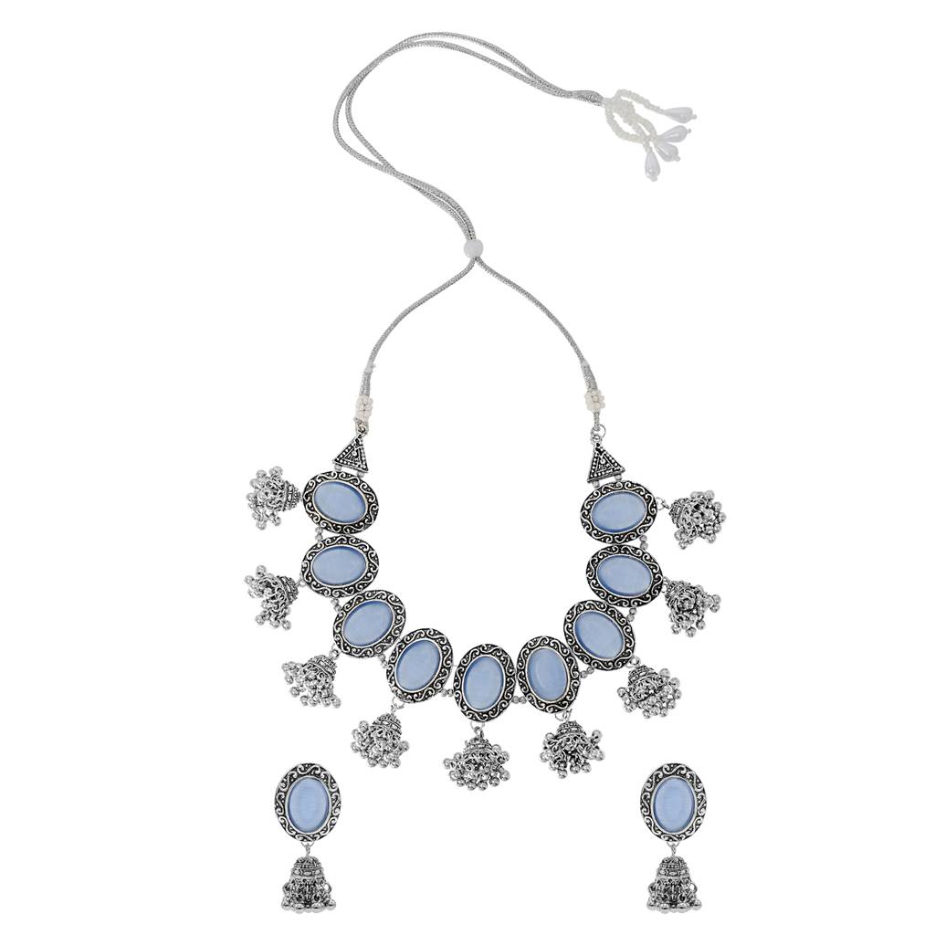 Silver Plated Oxidised Stone Studed & Beaded Jhumki Design Tribal Necklace With Adjustable Dori Maching Earrin : SJN_288_D3_BL