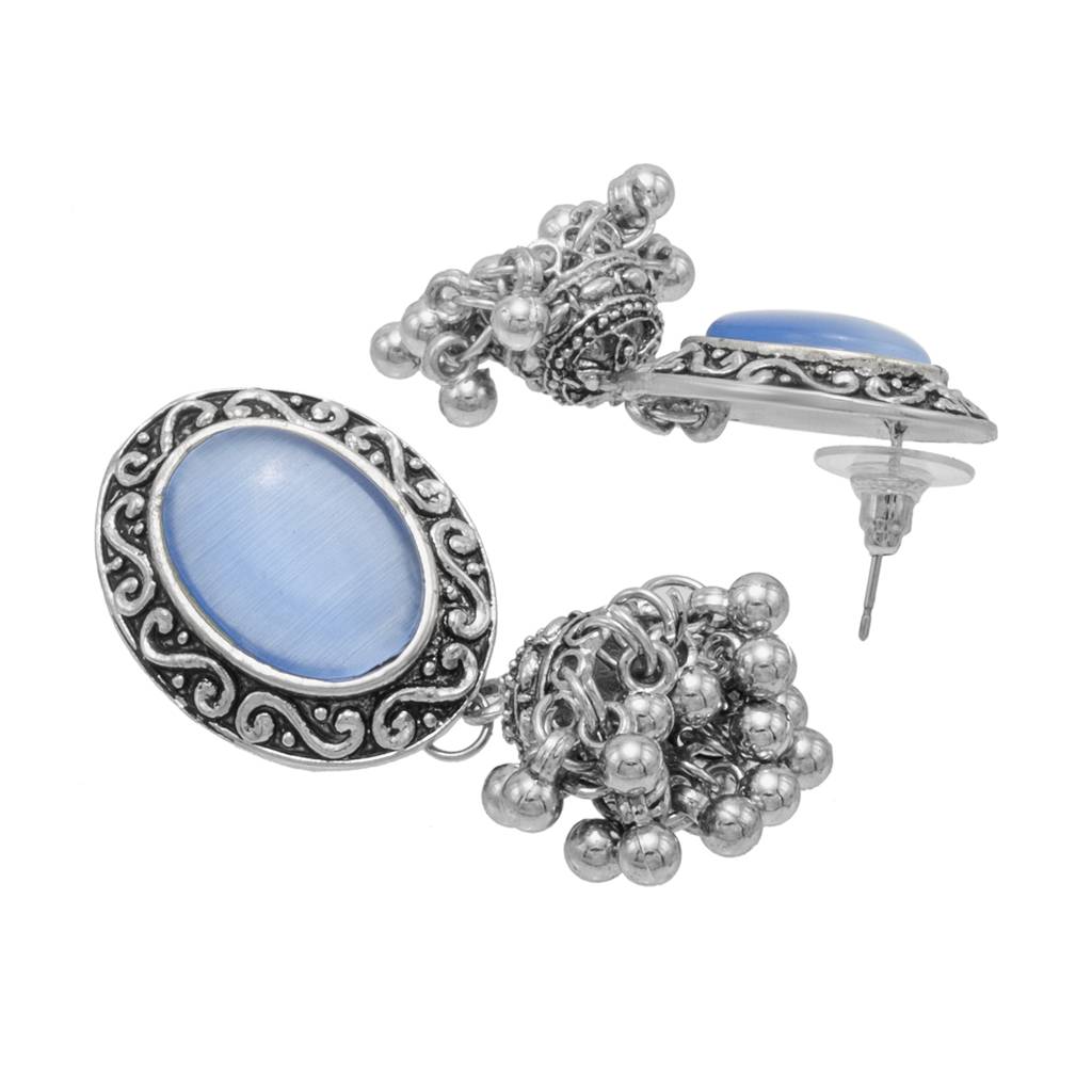 Silver Plated Oxidised Stone Studed & Beaded Jhumki Design Tribal Necklace With Adjustable Dori Maching Earrin : SJN_288_D3_BL