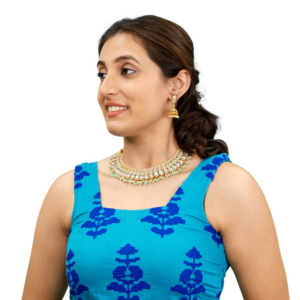 Gold Plated Cz, Kundan, Peal,Studded Meenakari Bridal Choker With Matching Jhumka Earring Necklace Jewellery Set- : SJN_291_LG