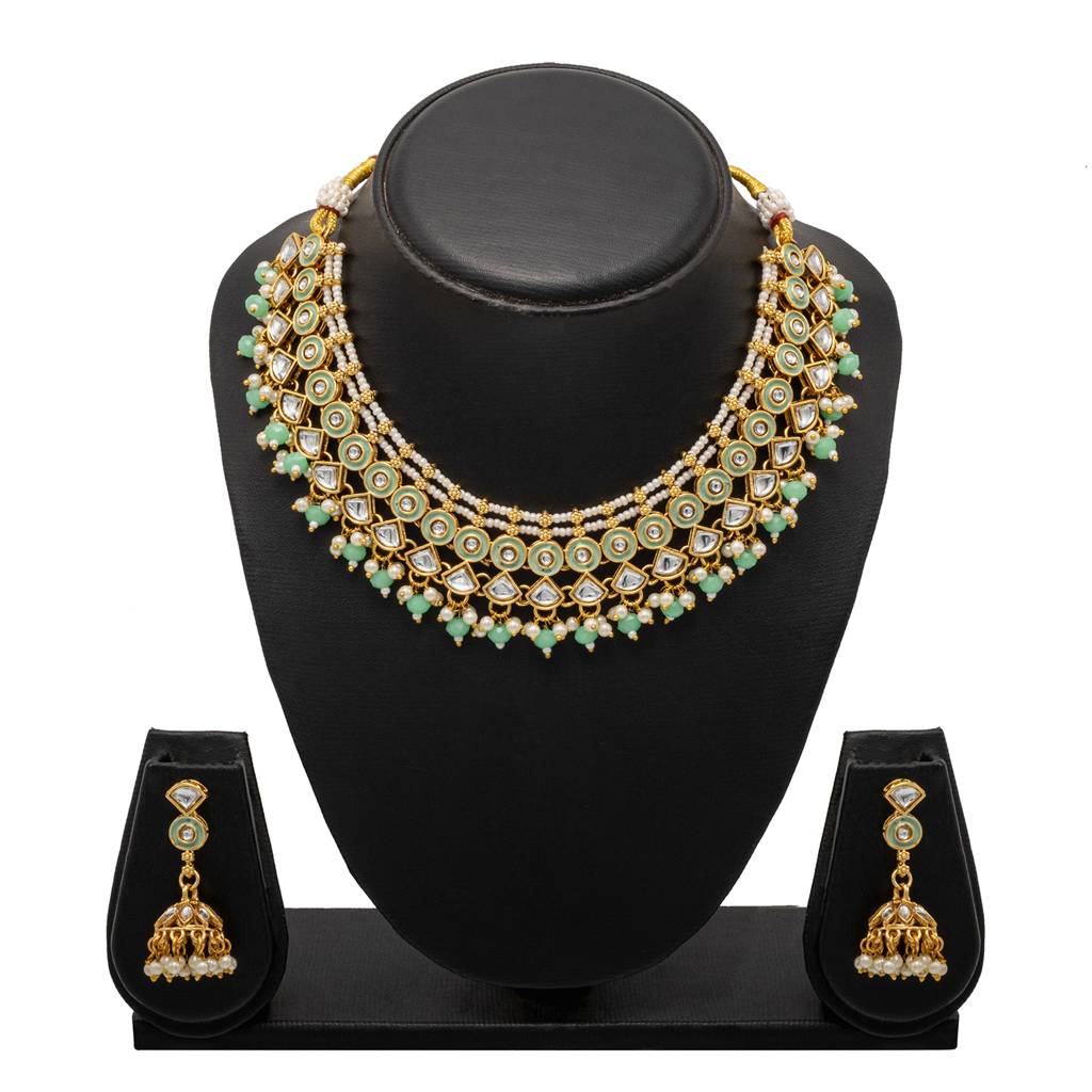 Gold Plated Cz, Kundan, Peal,Studded Meenakari Bridal Choker With Matching Jhumka Earring Necklace Jewellery Set- : SJN_291_LG