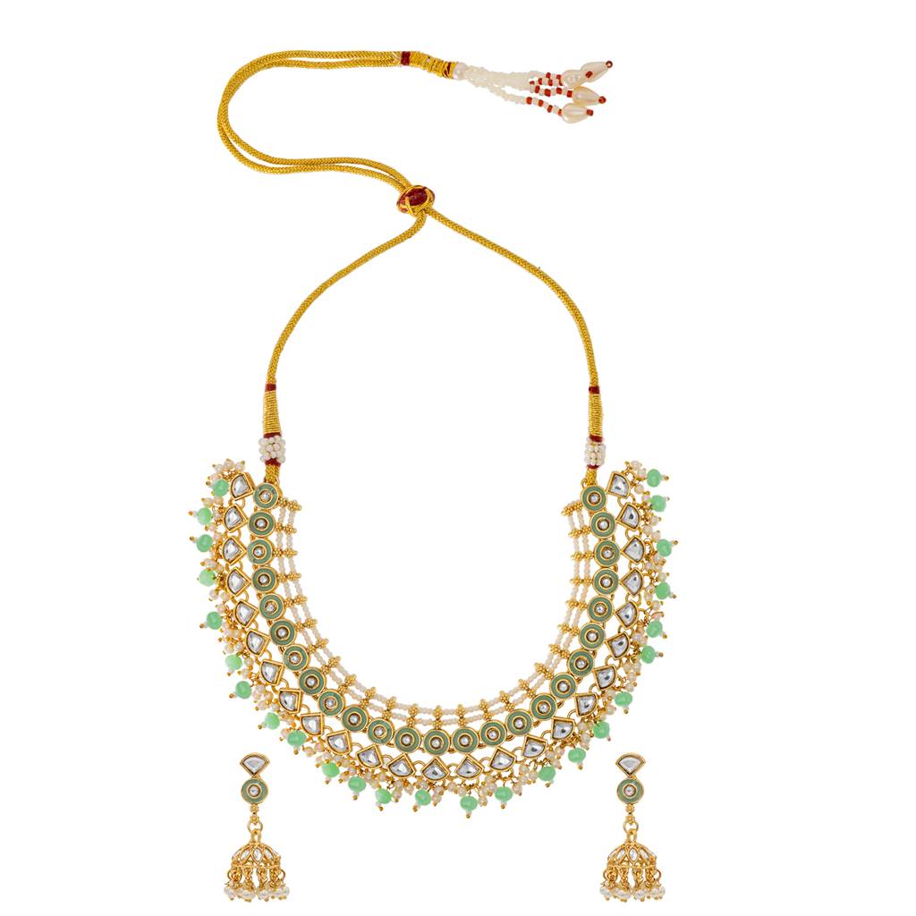 Gold Plated Cz, Kundan, Peal,Studded Meenakari Bridal Choker With Matching Jhumka Earring Necklace Jewellery Set- : SJN_291_LG
