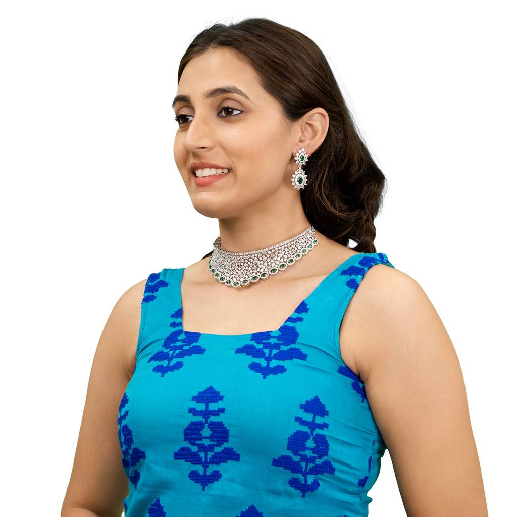 Silver Plated Western Cz, Crystals & Ad Design Choker Necklace With Maching Earrings Bridal Jewellery Jewelry Set- : SJN_292_G