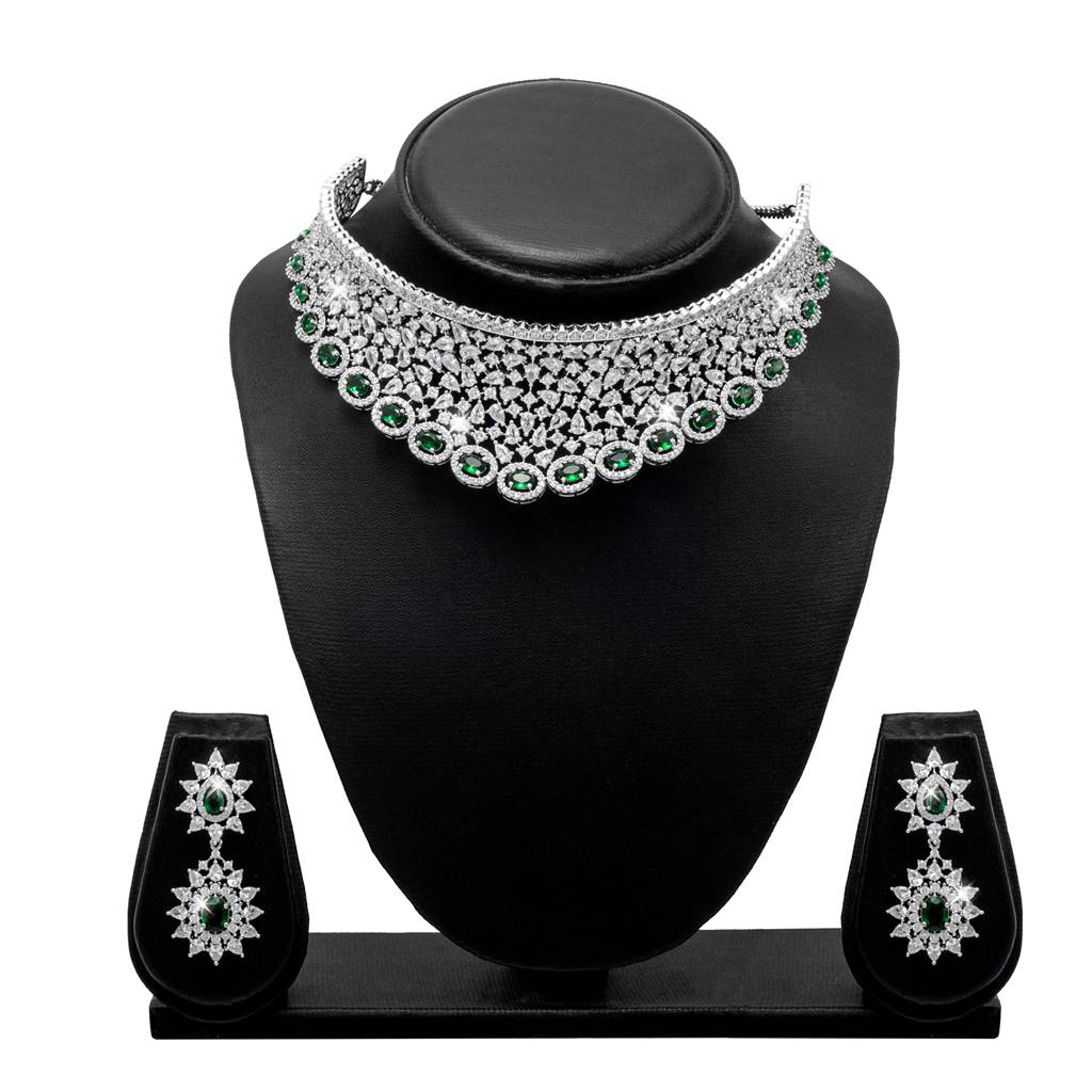 Silver Plated Western Cz, Crystals & Ad Design Choker Necklace With Maching Earrings Bridal Jewellery Jewelry Set- : SJN_292_G