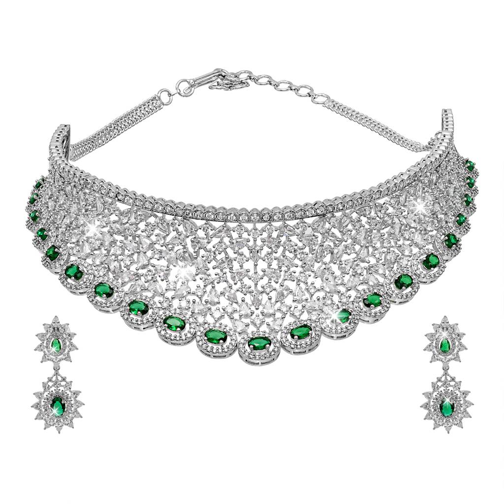 Silver Plated Western Cz, Crystals & Ad Design Choker Necklace With Maching Earrings Bridal Jewellery Jewelry Set- : SJN_292_G
