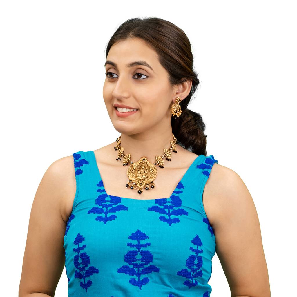 Traditional Indian Antique Gold Plated Kundan, Cz Studded Laxmi Design Pendant Necklace With Matching Earring & P : SJN_293_BK