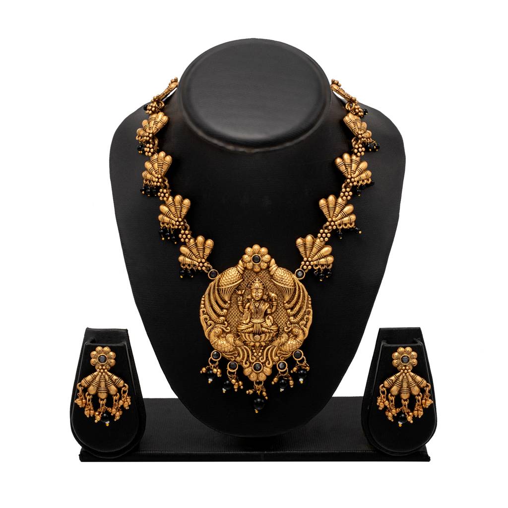 Traditional Indian Antique Gold Plated Kundan, Cz Studded Laxmi Design Pendant Necklace With Matching Earring & P : SJN_293_BK