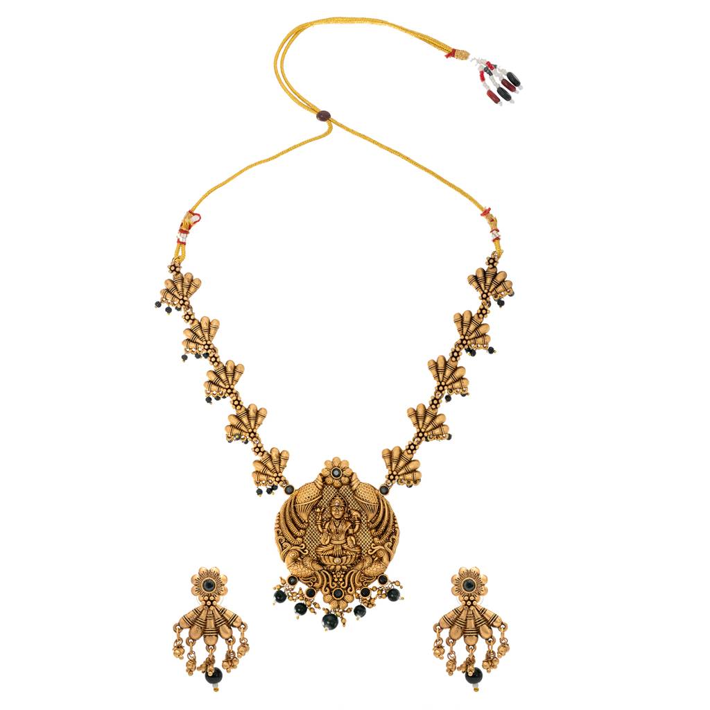 Traditional Indian Antique Gold Plated Kundan, Cz Studded Laxmi Design Pendant Necklace With Matching Earring & P : SJN_293_BK