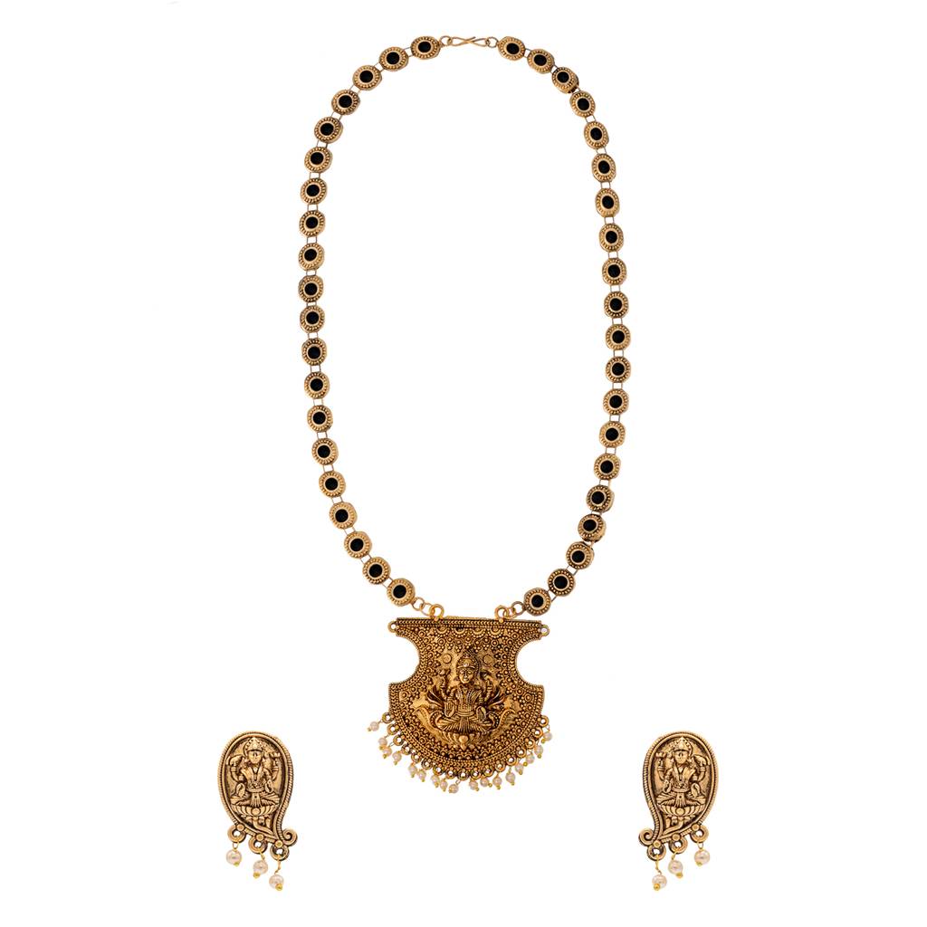 Traditional Indian Antique Gold Plated Kundan, Cz Studded Pendant Necklace With Matching Earring & Pearls Jewelle : SJN_294_BK