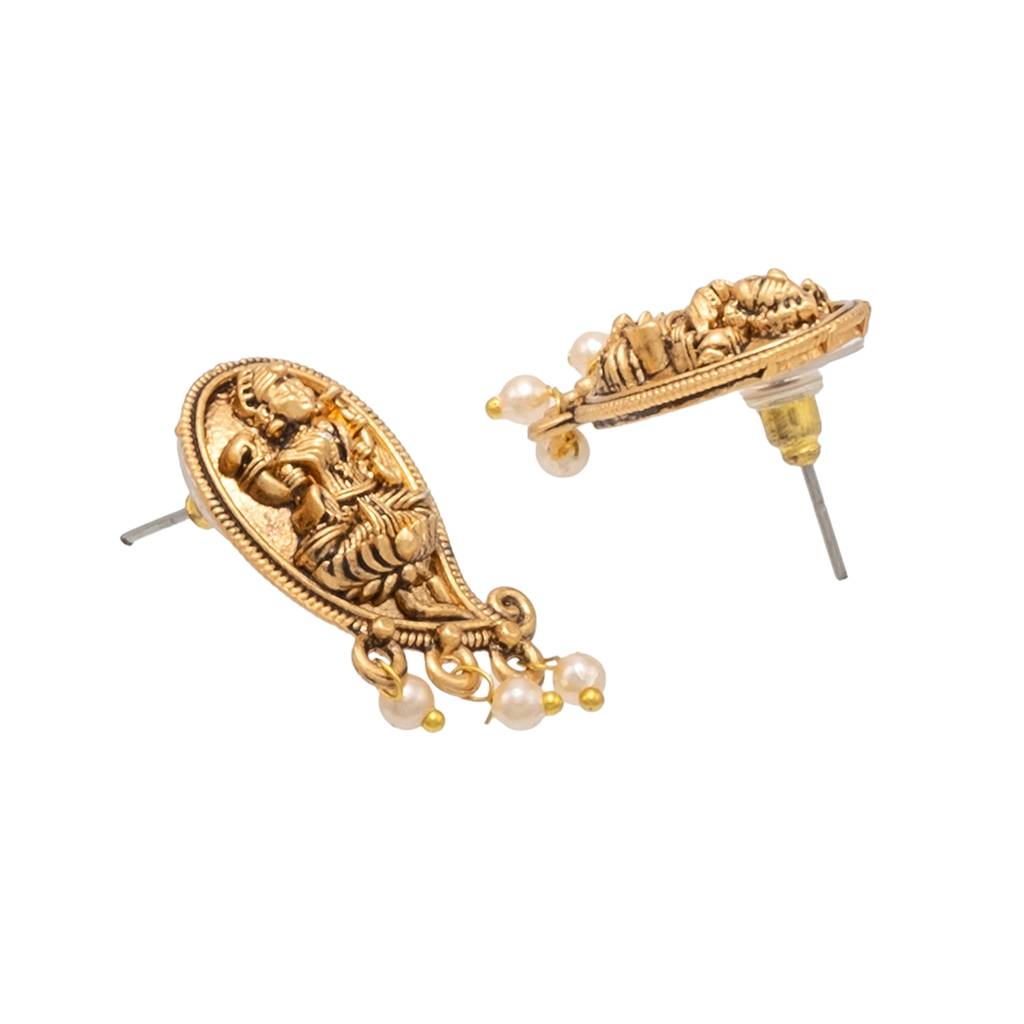 Traditional Indian Antique Gold Plated Kundan, Cz Studded Pendant Necklace With Matching Earring & Pearls Jewelle : SJN_294_BK