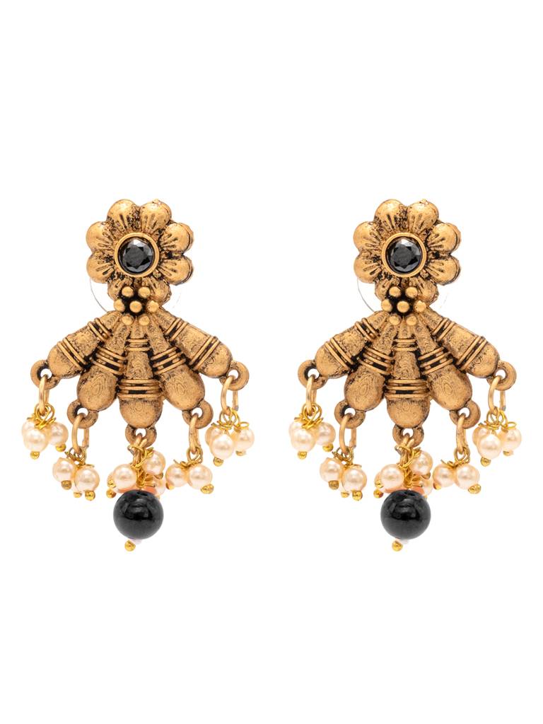 Traditional Indian Antique Gold Plated Kundan, Cz Studded Pendant Necklace With Matching Earring & Pearls Jewelle : SJN_295_BK