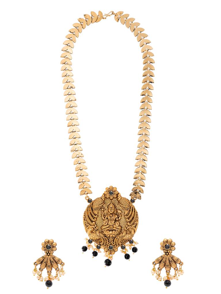 Traditional Indian Antique Gold Plated Kundan, Cz Studded Pendant Necklace With Matching Earring & Pearls Jewelle : SJN_295_BK