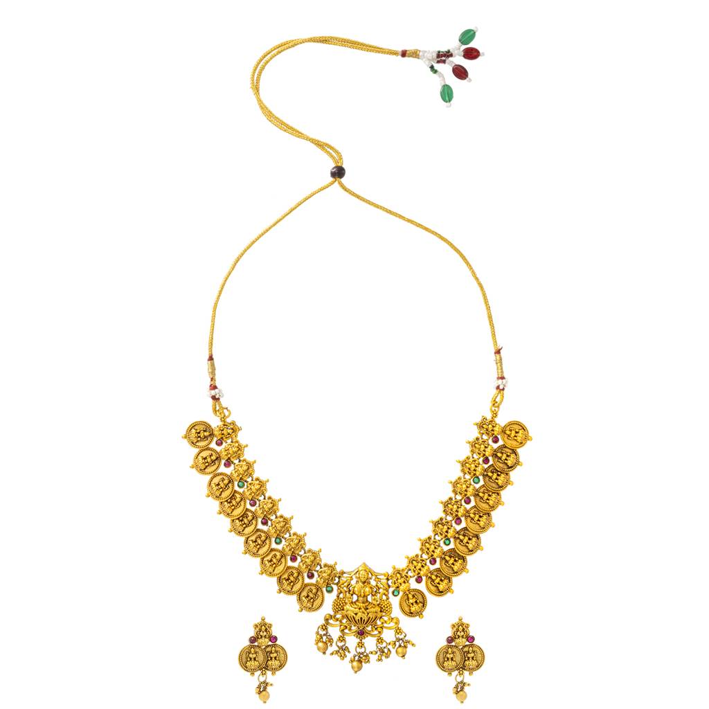 Antique Matte Gold Plated Temple Jewellery Inspired Wedding Laxmi Coin Design Necklace Jewellery Set For Women-Sjn_312 : SJN_312