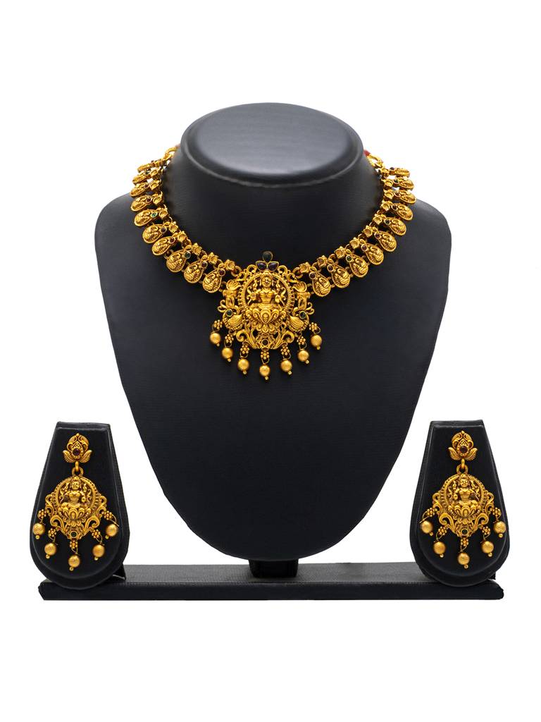 Antique Matte Gold Plated Temple Jewellery Inspired Wedding Laxmi Design Necklace Jewellery Set For Women-Sjn_314 : SJN_314