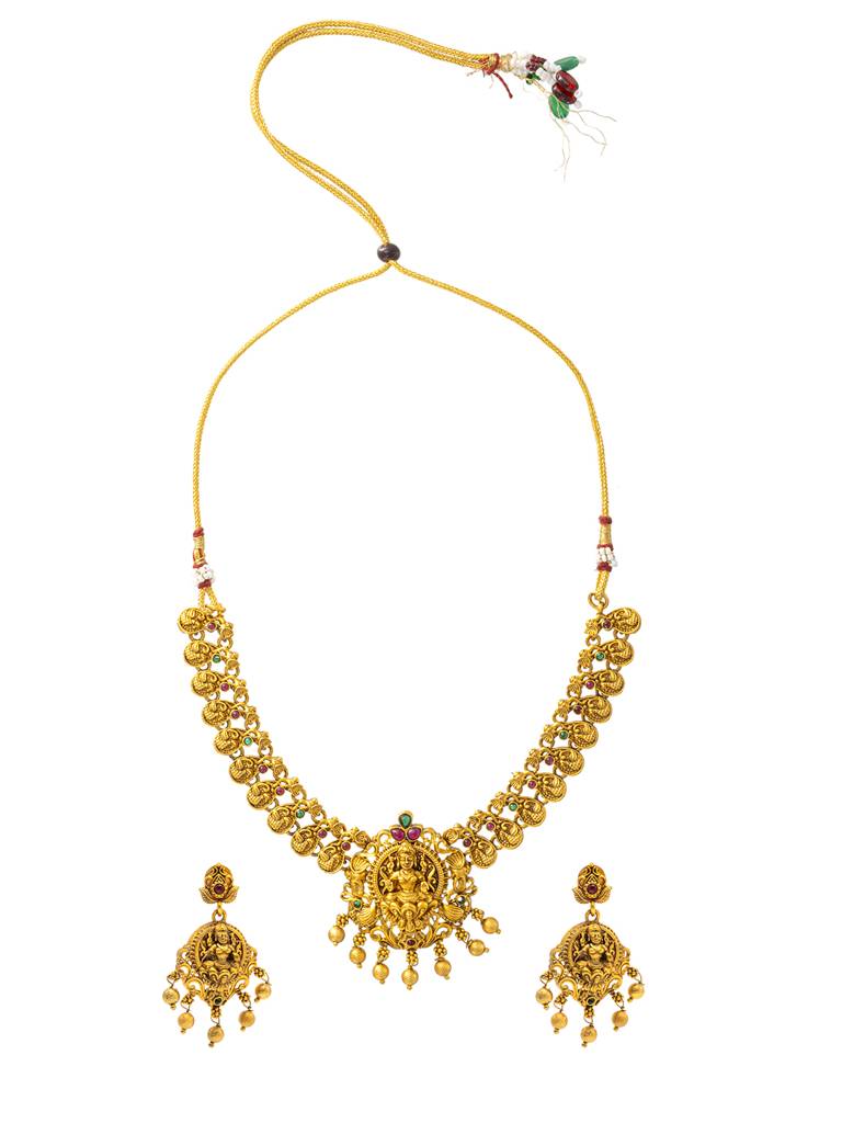 Antique Matte Gold Plated Temple Jewellery Inspired Wedding Laxmi Design Necklace Jewellery Set For Women-Sjn_314 : SJN_314