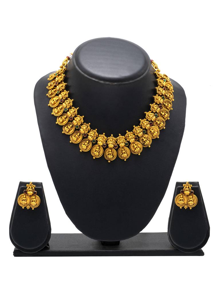 Antique Matte Gold Plated Temple Jewellery Inspired Wedding Laxmi Coin Design Necklace Jewellery Set For Women-Sjn_316 : SJN_316