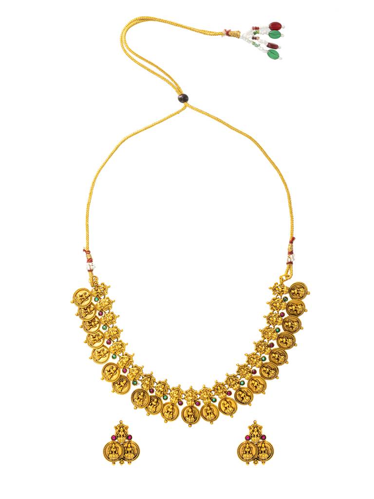 Antique Matte Gold Plated Temple Jewellery Inspired Wedding Laxmi Coin Design Necklace Jewellery Set For Women-Sjn_316 : SJN_316