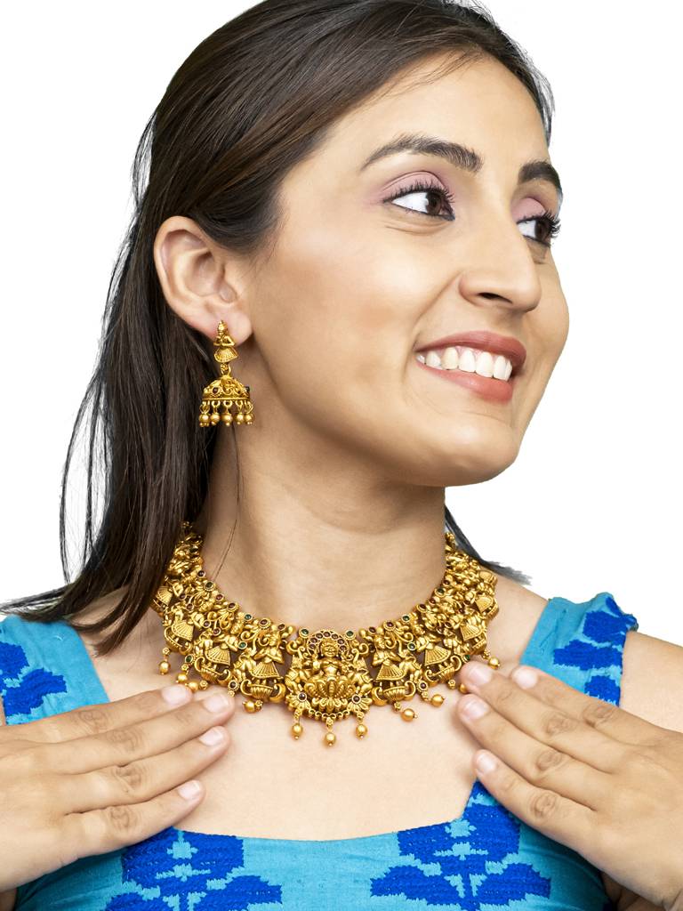 Antique Matte Gold Plated Temple Jewellery Inspired Wedding Laxmi Coin Design Necklace Jewellery Set For Women -Sjn_ : SJN_317