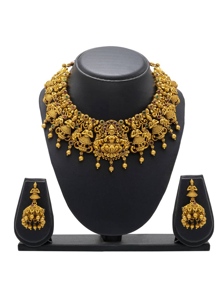 Antique Matte Gold Plated Temple Jewellery Inspired Wedding Laxmi Coin Design Necklace Jewellery Set For Women -Sjn_ : SJN_317
