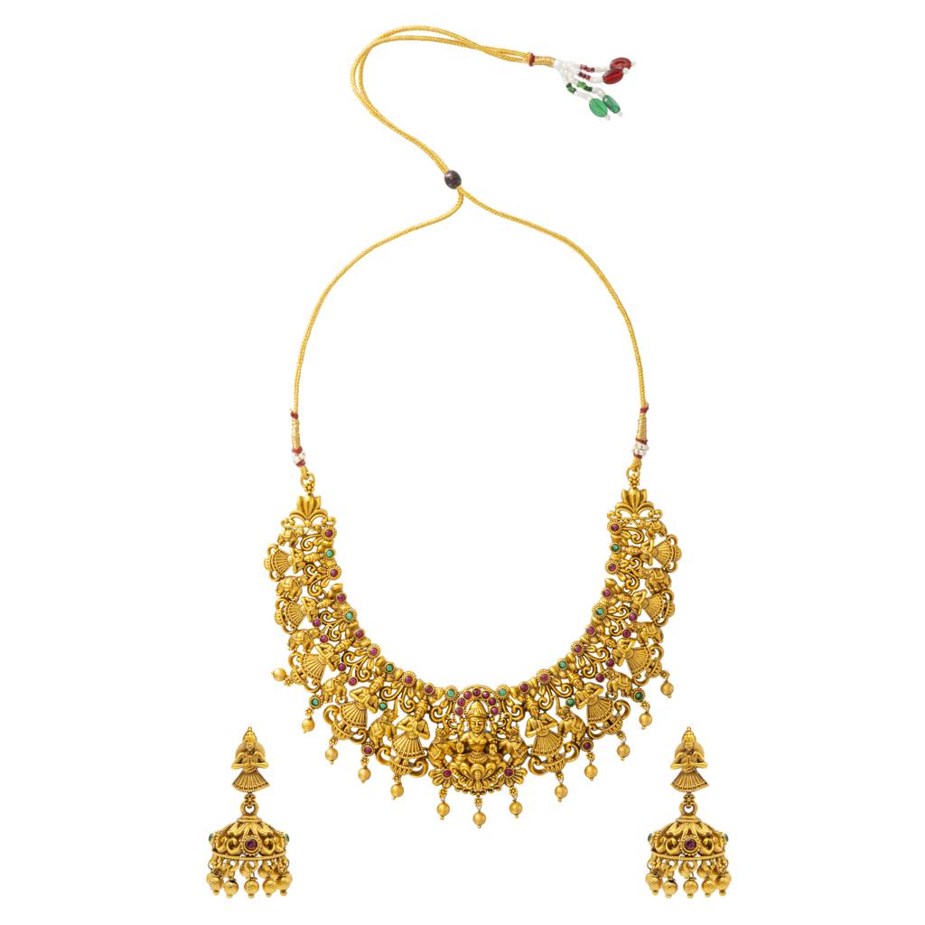 Antique Matte Gold Plated Temple Jewellery Inspired Wedding Laxmi Coin Design Necklace Jewellery Set For Women -Sjn_ : SJN_317