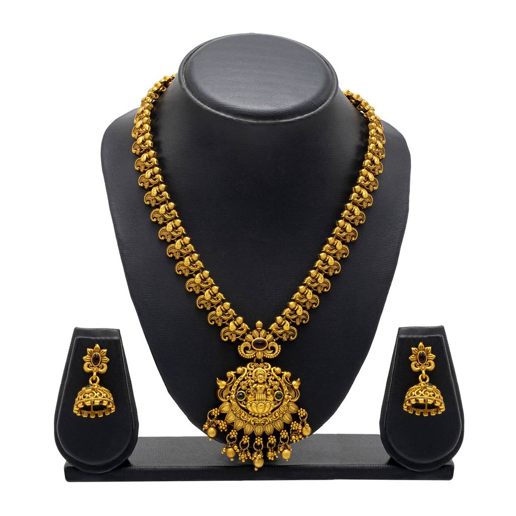 Antique Matte Gold Plated Temple Jewellery Inspired Wedding Long Necklace Jewellery Set For Women-Sjn_319 : SJN_319_D1