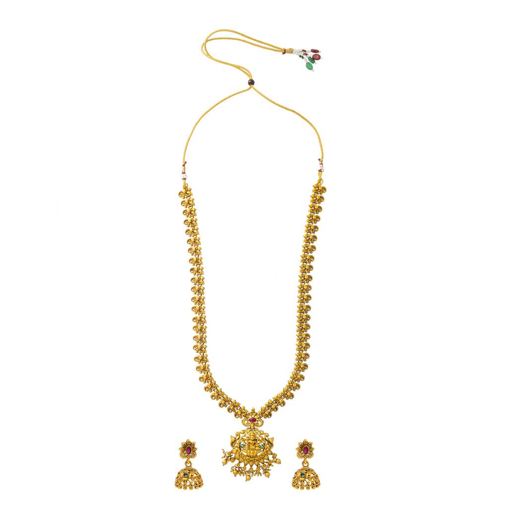 Antique Matte Gold Plated Temple Jewellery Inspired Wedding Long Necklace Jewellery Set For Women-Sjn_319 : SJN_319_D1